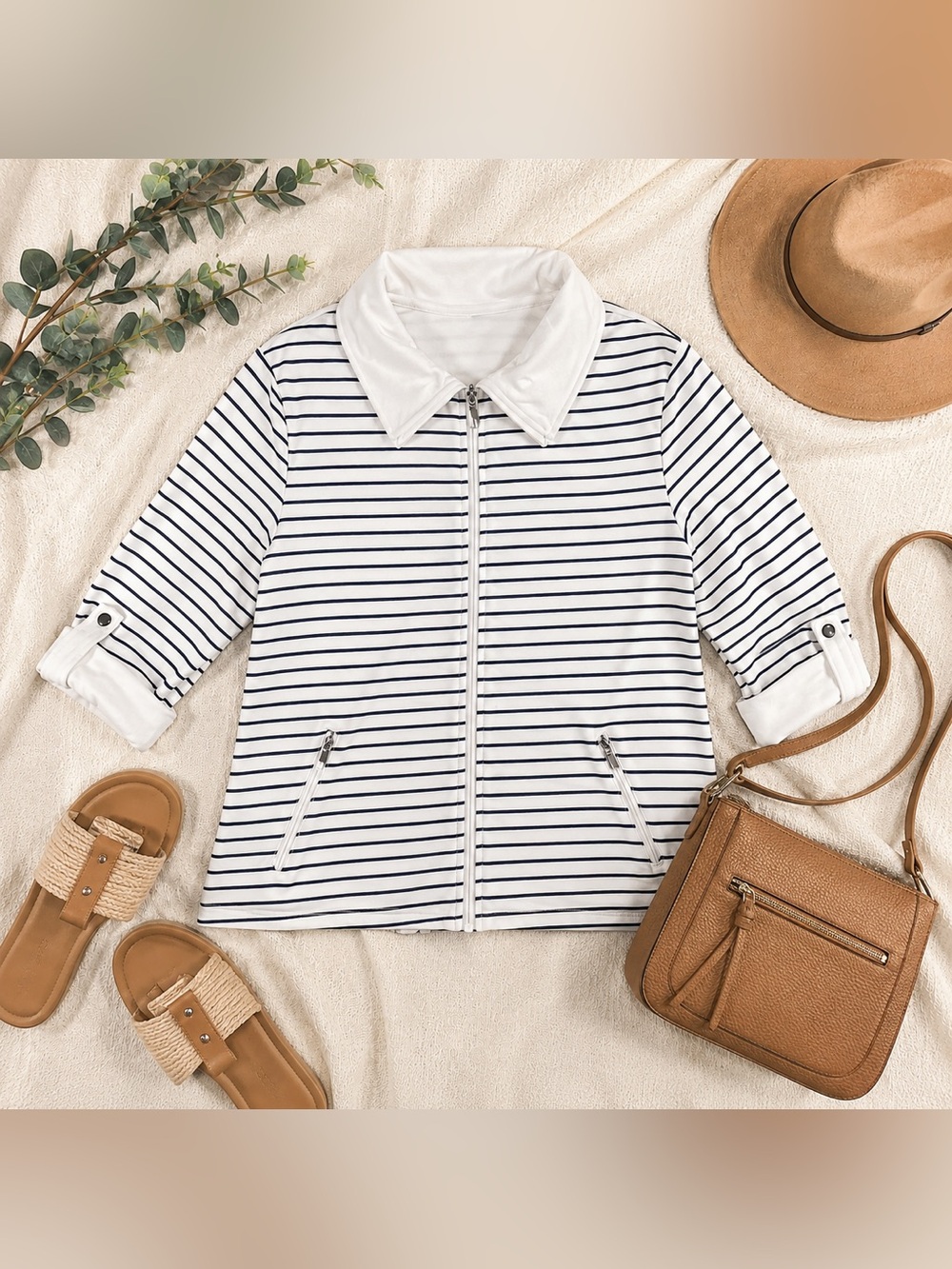 Karen Scott Sport XL White Navy Striped Zip Front Jacket Top Nautical